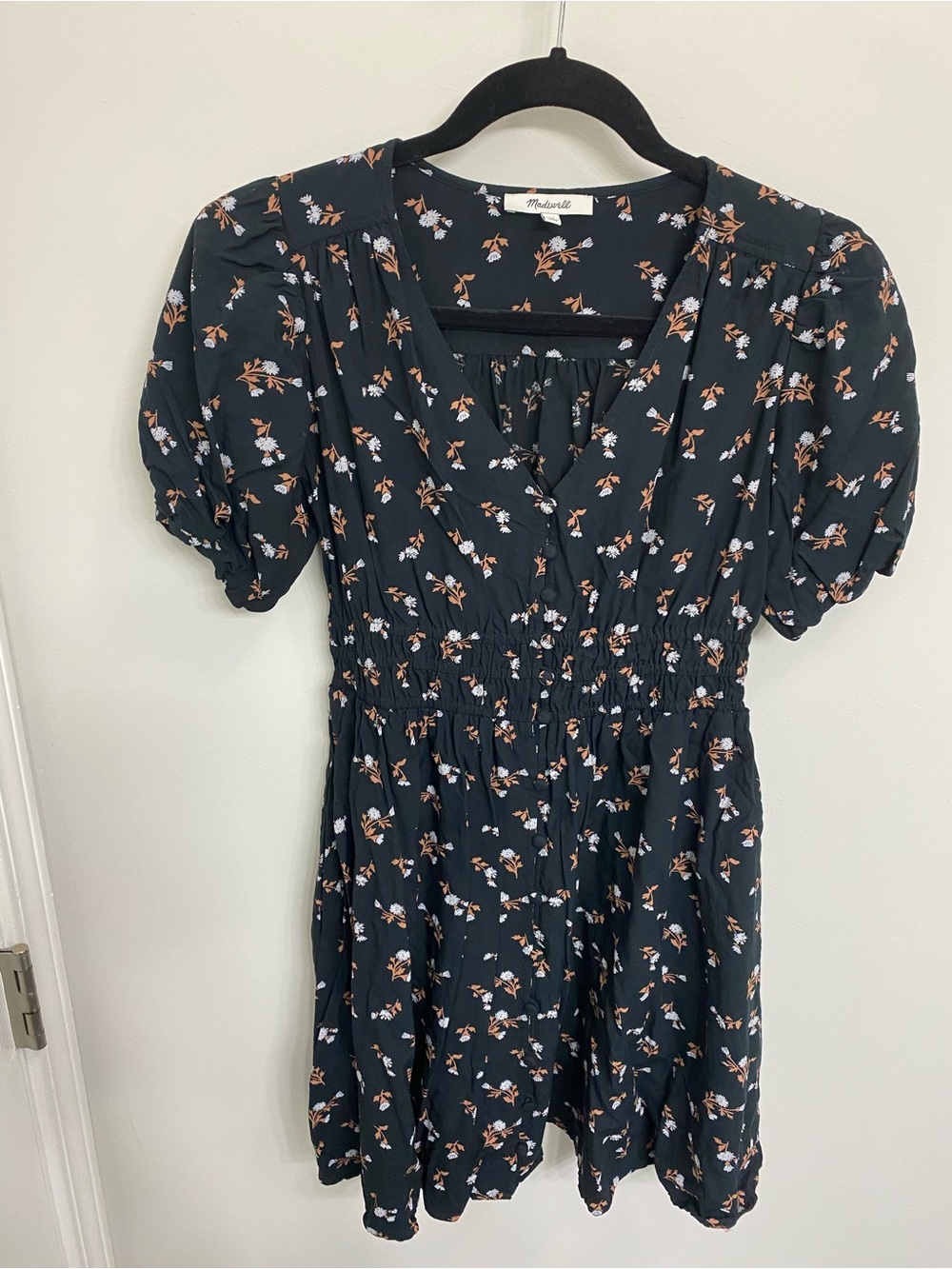 Floral Smocked V-Neck Mini Dress - Black with Peach & White Flowers